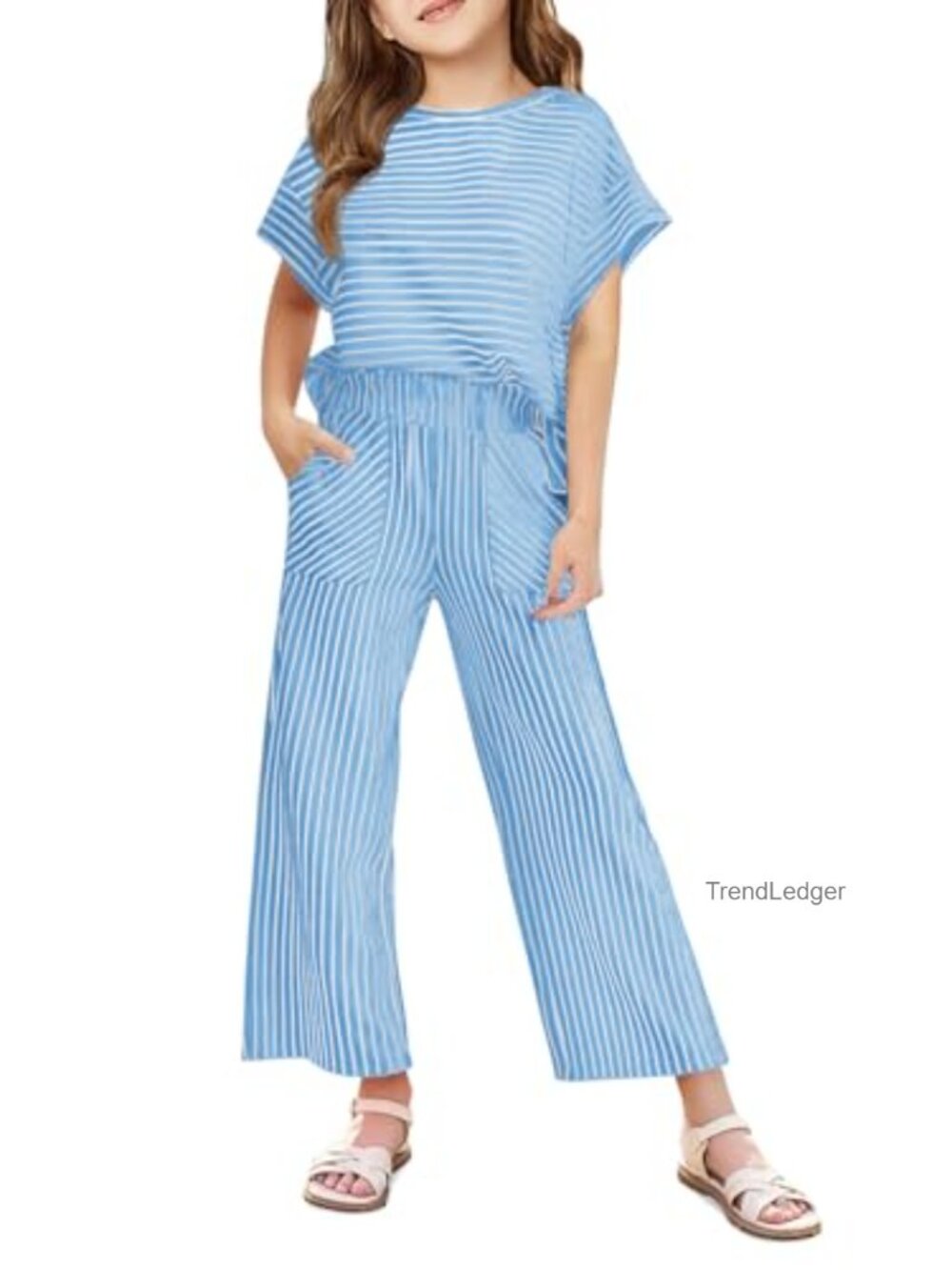 Girls Striped 2 Piece Outfit Short Sleeve Tee Wide Leg Pant Lounge Set Pockets
